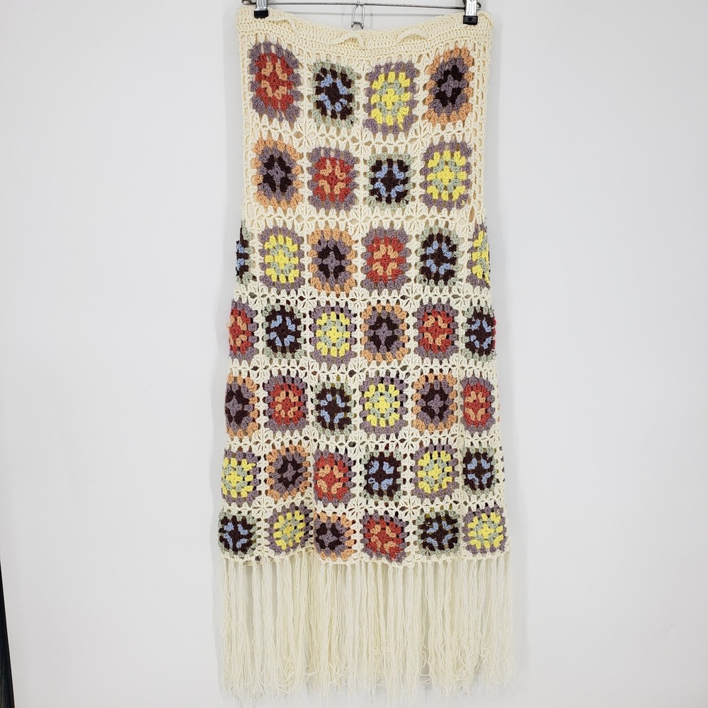 POL Crochet Square Knit Maxi Skirt Size L Tassel Fringe Boho Grandma Core Cream - Picture 4 of 11